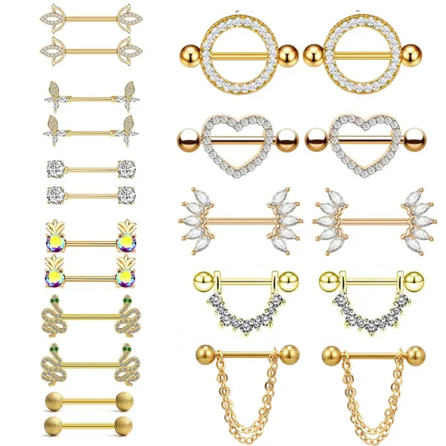 Stainless Steel Crystal Butterfly Nipple Piercing Jewelry Set Flower Nipple Rings Dangle Bulk Pineapple Nipple Piercing Barbell 1