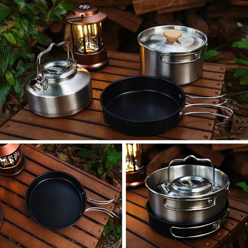 

Stainless Steel Kitchen Set Camping Pot, Pans and Kettle Kits Travel Mountaineering Picnics BBQ Equipment Cookware Kits 69HD
