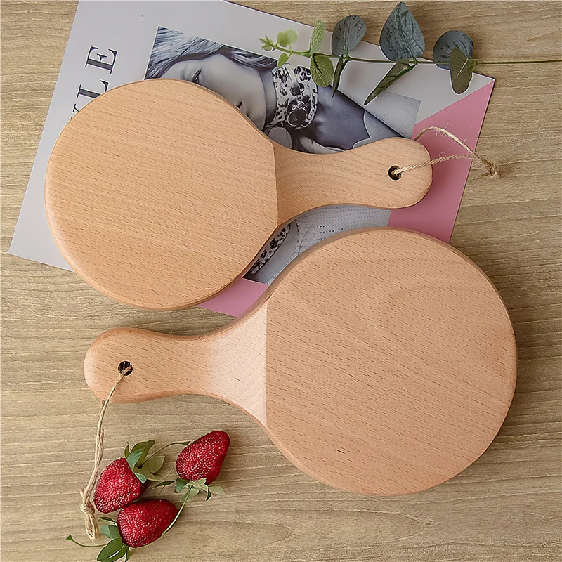 

Посуда из массива дерева с ручкой, круглая деревянная тарелка для салата, закусок, домашние кухонные материалы, домашний декор, милый столов...