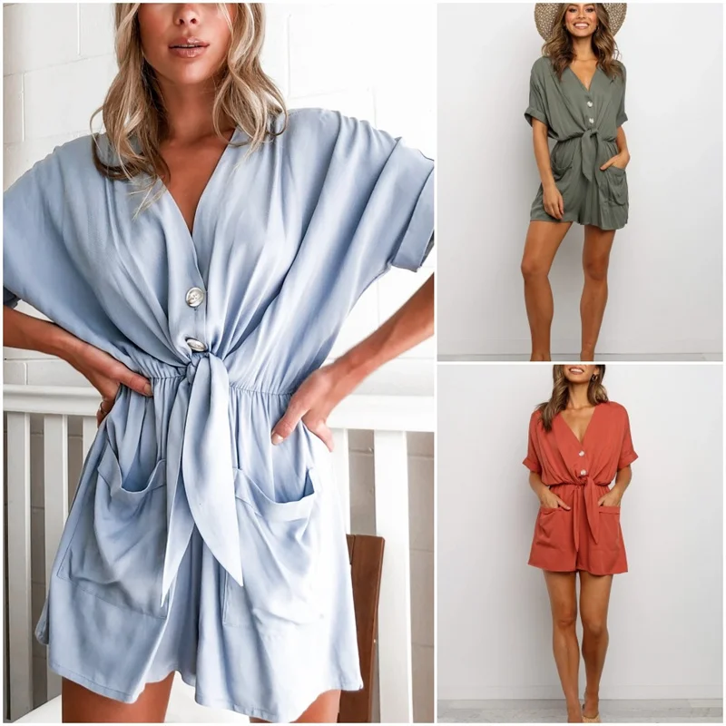 Women Summer Casual Buttons Jumpsuits Fashion Solid Pockets Jumpsuit With Belt V-Neck Short Sleeve Female Rompers Playsuit