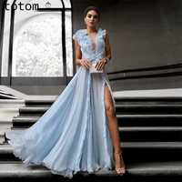 long sky blue party dress formal high quality organza open back side slit a line skirt