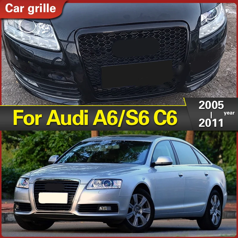 

for Audi A6/S6 C6 2005 2006 2007 2008 2009 2010 2011 For RS6 Style Front Sport Hex Mesh Honeycomb Hood Grill Gloss Black Grills