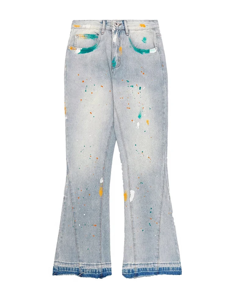 European and American VIBE wind splash ink graffiti hip -hop rap street style retro Y2K trousers loose micro -flared pants JEANS