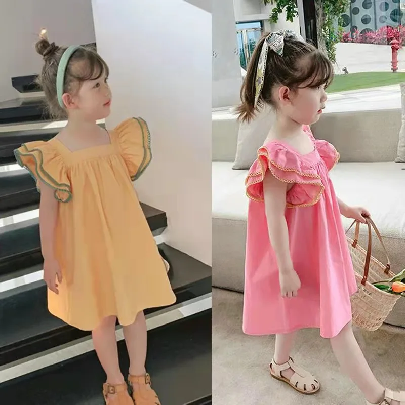 

Girls Dress Flying Sleeves Square Collar Sweet Dress Princess Dress Summer Dress New Children'S Clothing 3-8 Years Old