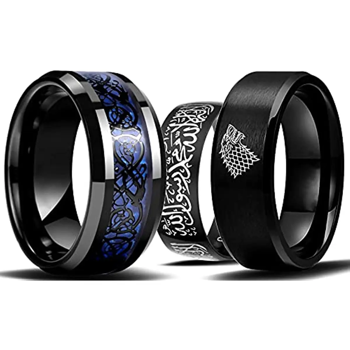 

Men's 8Mm Black Tungsten Carbide Dragon Pattern Rings Blue Wolf Head Ring for Men Wedding Band Religious Party Jewelry Wholesale