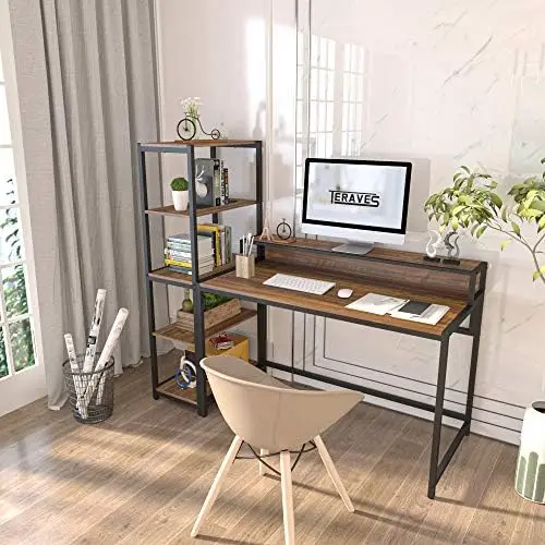 

Desk with 5 Tier Shelves,Reversible Writing Desk with Storage 49 Inch Study Table for Home Office Independent Bookcase and Desk