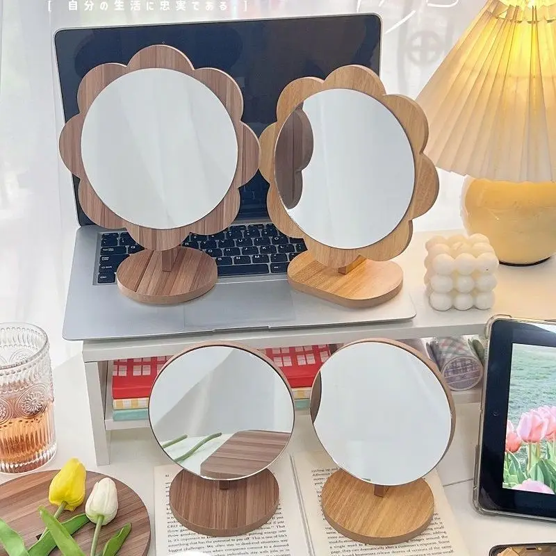 

Ретро деревянное настольное зеркало для макияжа, HD одностороннее зеркало для туалетного столика, красивое зеркало, студенческое настольно...