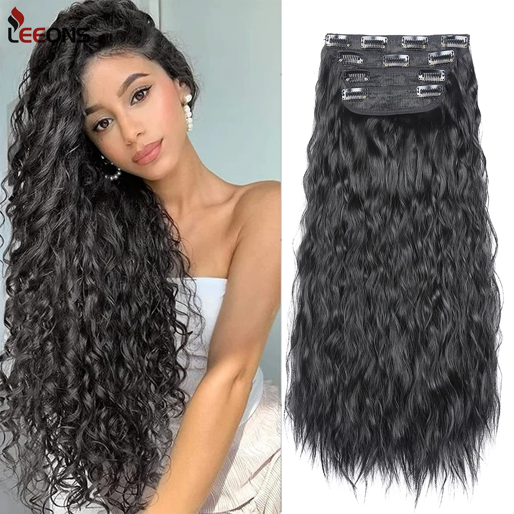 4Pcs Thick Full Head Curly Wavy Clip In Hair Extensions For Women Synthetic Long Black Double Weft Clip On Hair Hairpieces 20Inc