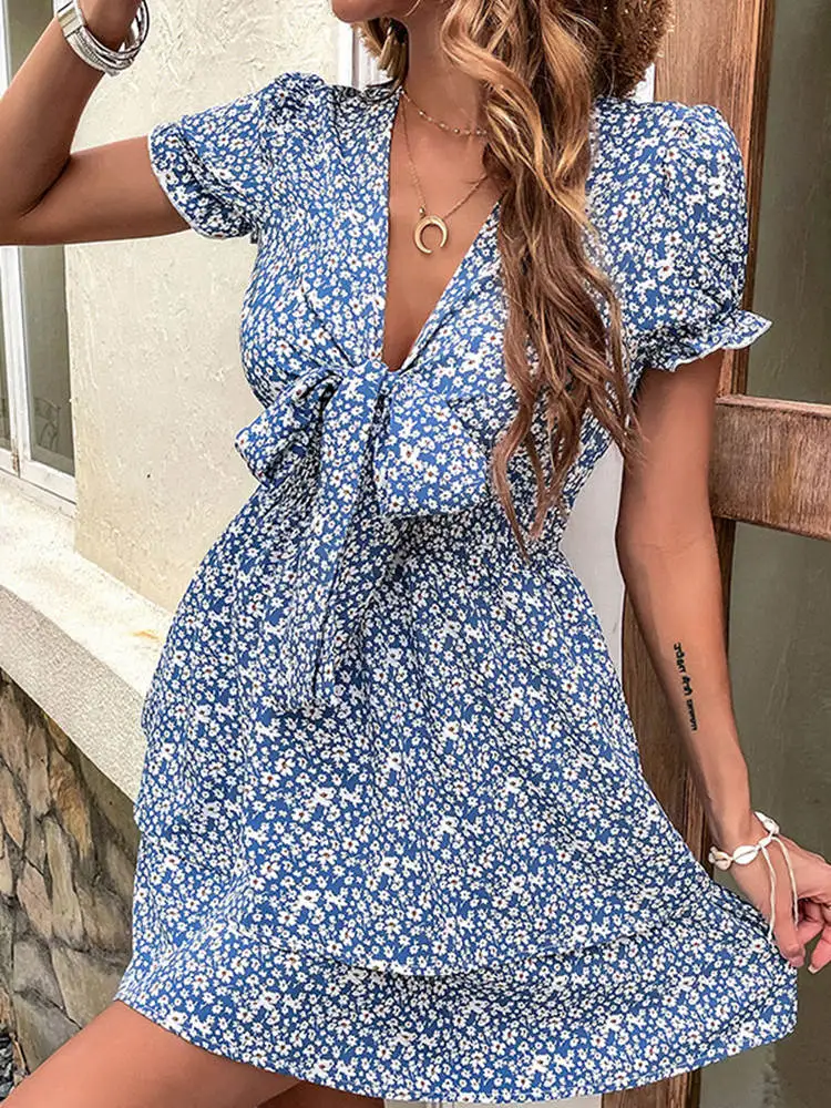 

M 2023 Новое Женское платье с бантом, v-образным вырезом, коротким рукавом, цветочным принтом, летнее платье с высокой талией и принтом