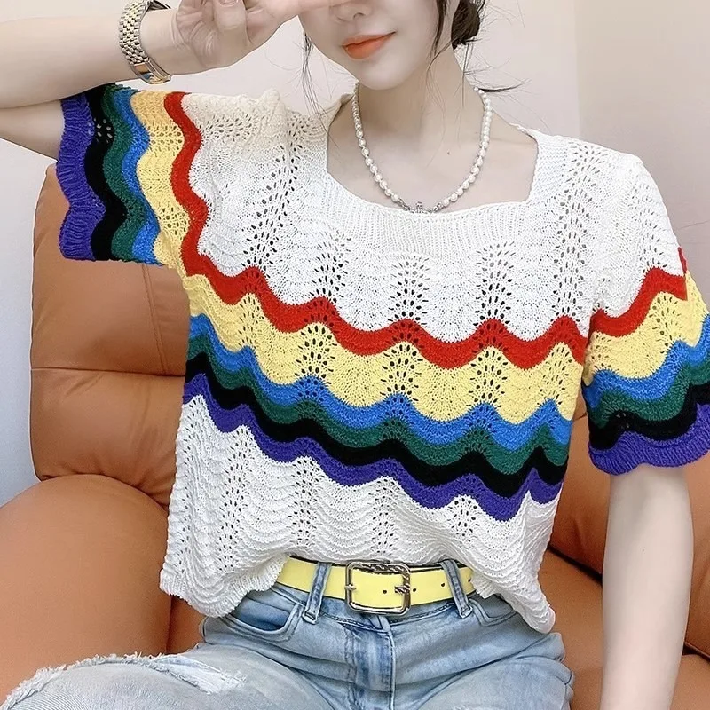 

XL-4XL 140KG Rainbow Color Women's Tunic Large Size Summer Loose Knit Tshirt Women Big Size Hollow Out Plus Size Tops Korean