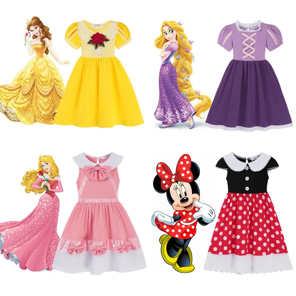 

Disney Frozen Anna Elsa Belle Rapunzel Party Costume Kids Minnie Aurora Tinkerbell Fancy Outfits Baby Girls Casual Dresses