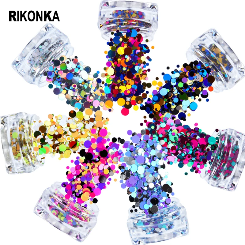 

6Pcs Mixed Size Round Nail Art Sequins Chunky Glitter 3D Colorful Flakes Dazzling Paillette Set For Manicure Charms Accessories