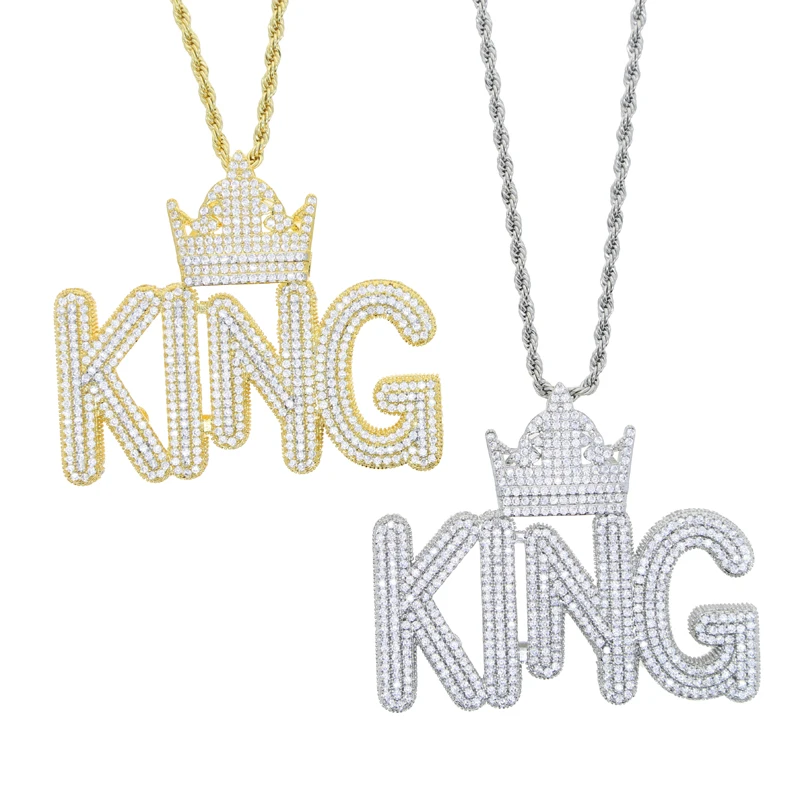 

Прямая поставка, Мужская подвеска с надписью «король» с полным кубическим цирконием, украшенная короной, ожерелье с искусственным камнем, у...