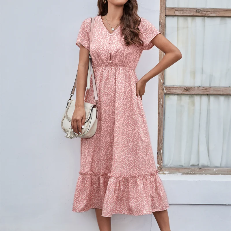 

YEMOGGY 2023 Summer Women Dress Women's Leopard Print Dresses with Button Boho V-Neck Short Sleeve High Waist A-line Maxi Dress