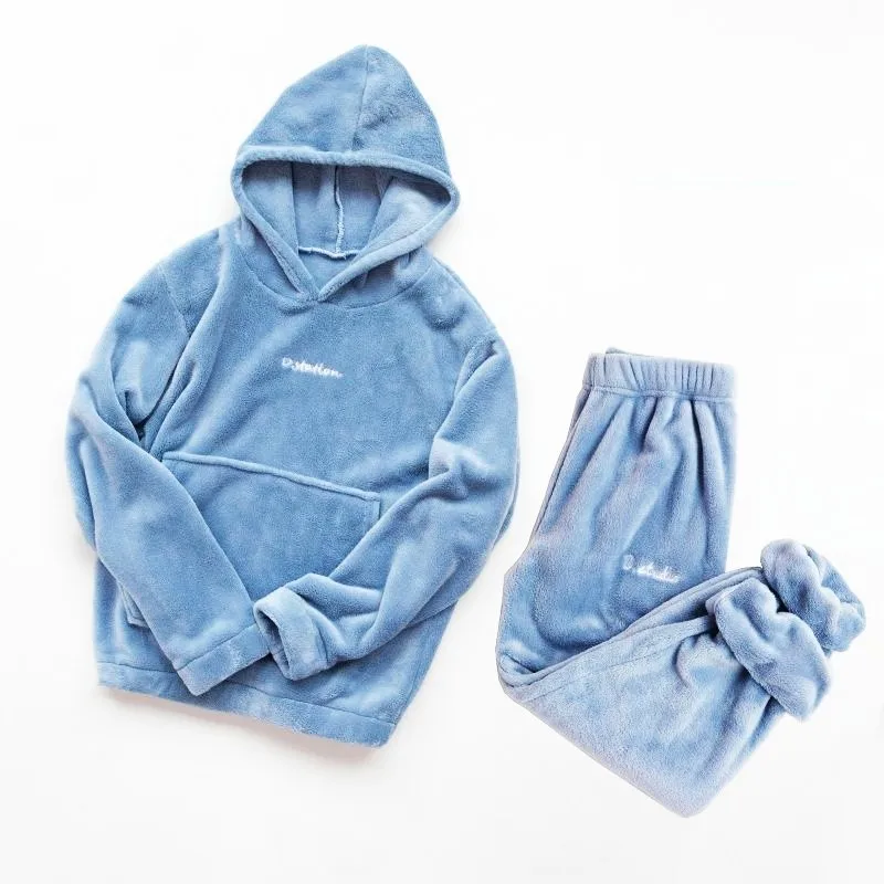 Women's Pajamas Set Hooded Plush Warm Pyjamas Homewear Full-Sleeve Long Pants 2Piece/Set Cozy Sport Sleepwear