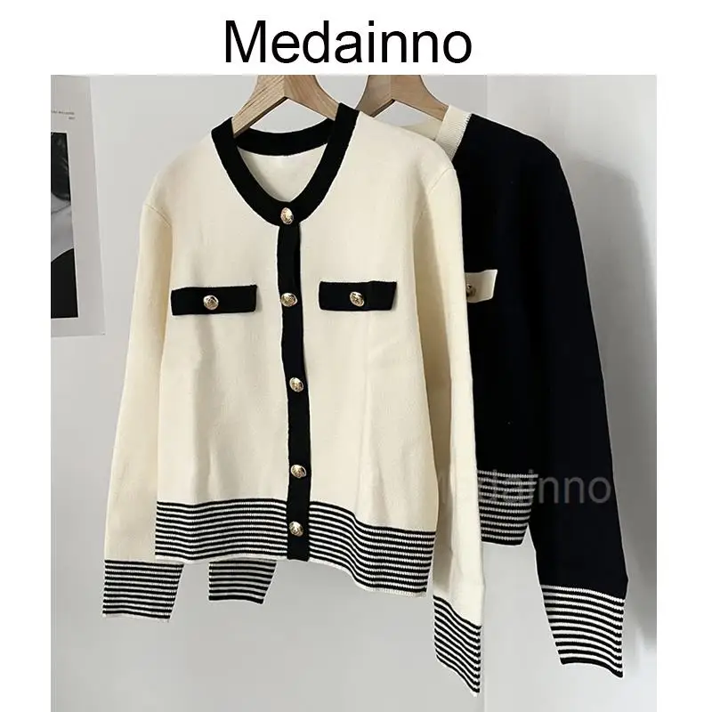 

Medainno 2023 Spring Fashion New Women Splicing Knitted Sweater Cardigans Versatile Simple Casual Elegant Coat Tops Female Chic