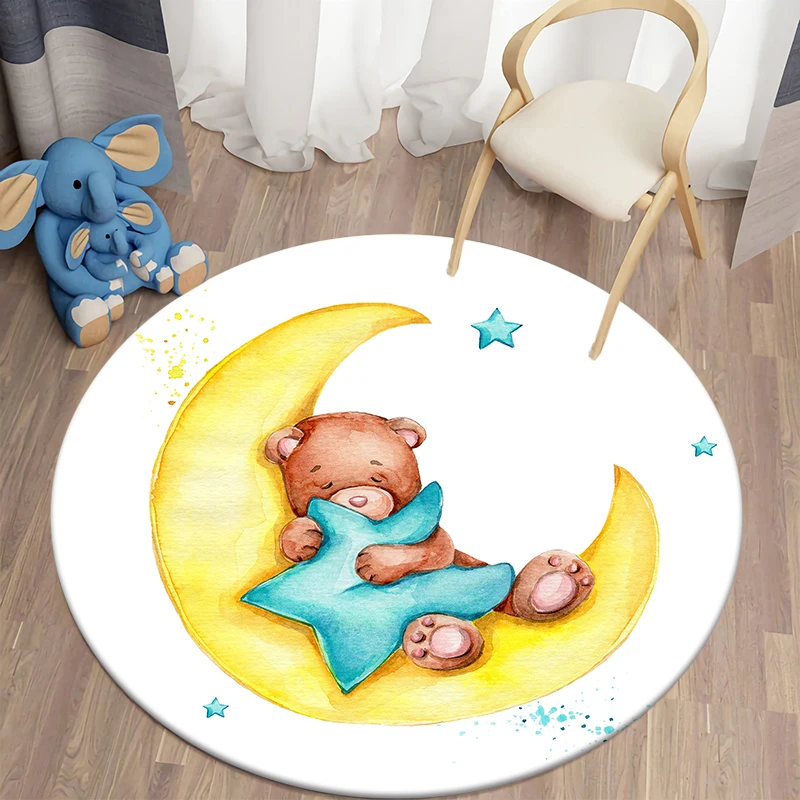 Cartoon Bear Print Children Carpet Kawaii Area Rugs Round Carpet for Living Room Floor Mat Flannel Anti-Slip Mat for Children