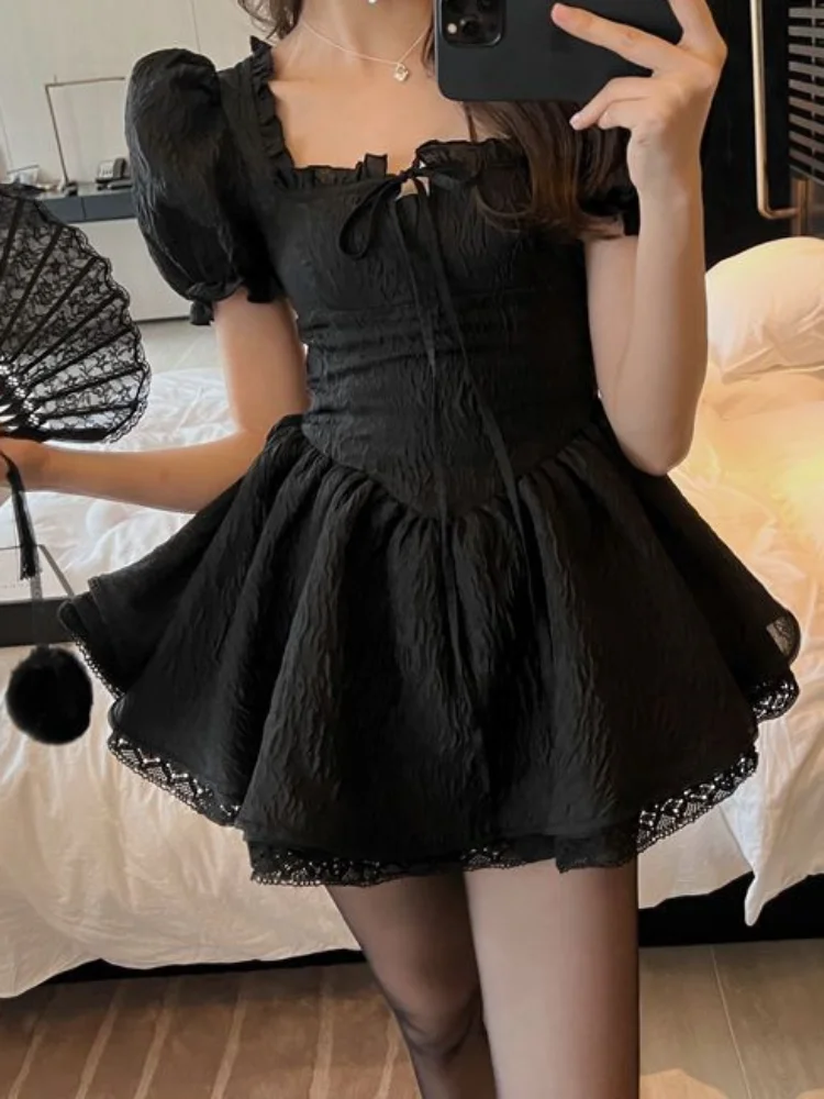 

QWEEK Sexy Lace Black Dress Women 2023 Summer Puff Sleeve Bandage Party Short Dresses Gothic Harajuku Goth Sundress