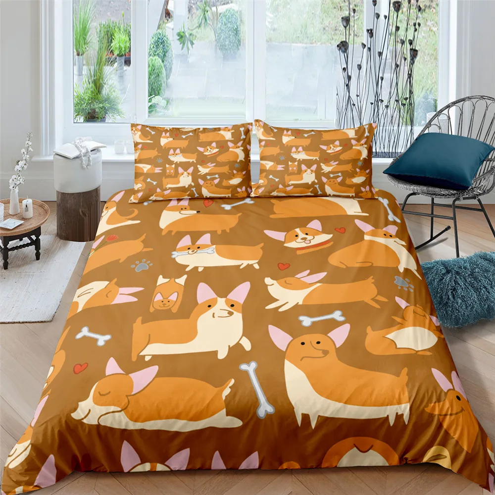 

Kawaii Corgi Dogs Printed Bedding Sets Cartoon Dogs Duvet Cover with Pillowcases Kids Bedroom Decor Double Queen King Bed Set