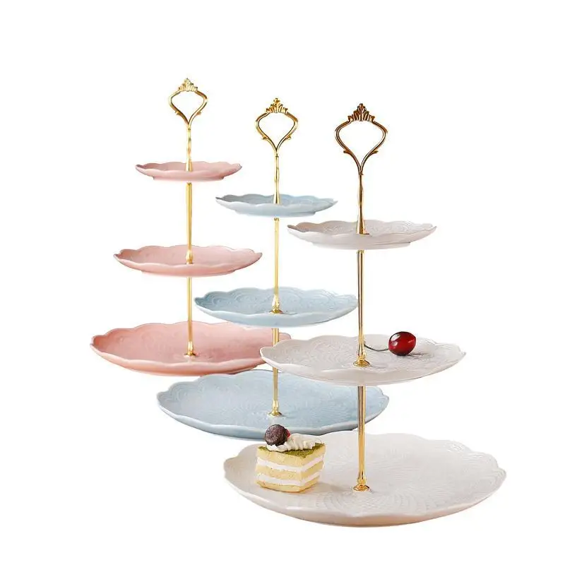 Embossed Ceramic Double-Deck Home String Disk Dim Sum Plate Cake Stand Creative Wedding Living Room Three-Layer Fruit Plate