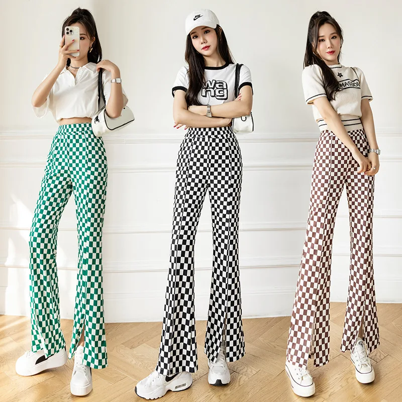 

Spring/Summer 2022 new checkered pants women slim Korean casual loose Joker bell bottoms Womens pants High waisted pants