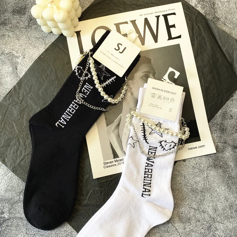 2023 New Spring Autumn Pearl Star Chain Middle Tube Socks Net Red Trendy JK Stocking Korea Students Cotton Sports Stockings