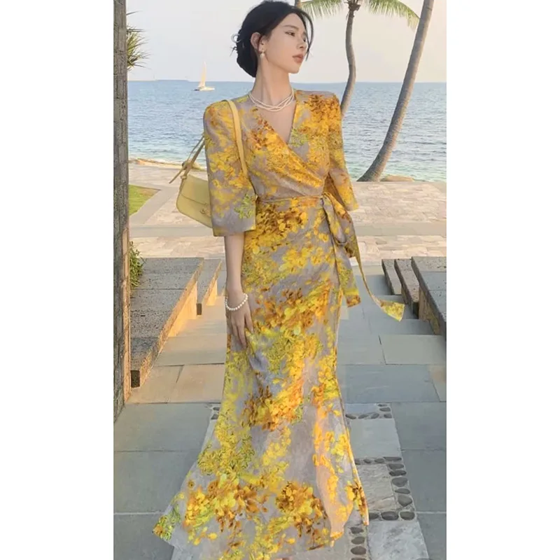 

Europe Streetwear 2023 Spring Summer Sexy Women Dress Print Vent Design Style Clothes Formal Elegant Party Dresses Robe Y2k