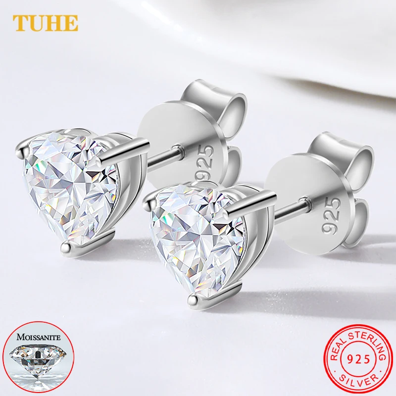 Фото Test Passed GRA Heart Cut Moissanite Stud Earrings for Men Women 925 Sterling Silver Ear Studs Fine Party Wedding Jewelry Gifts №1