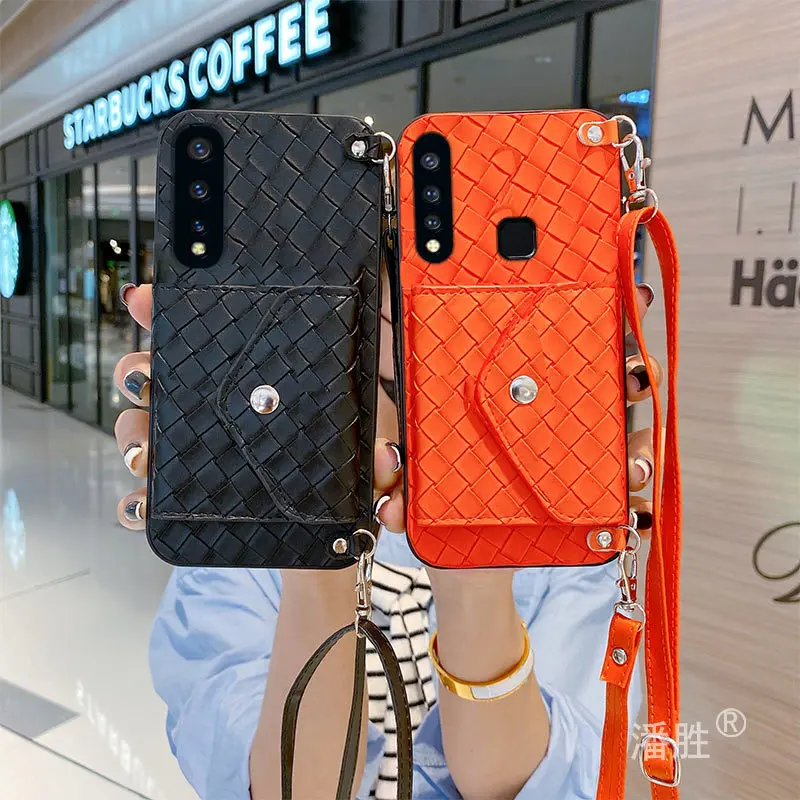 

Simple Balck Orange Woven Strap Crossbody Coin Purse Leather Phone Case for Y30 9s 7s 5s 3 3s Wallet Phone Cover Coque Bumper