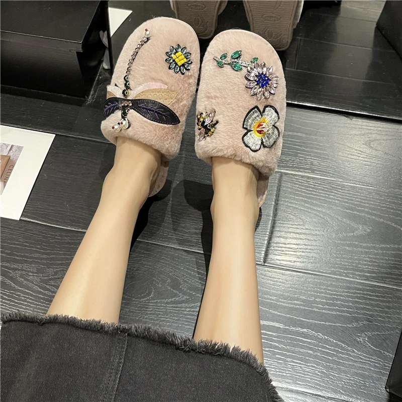 Женские теплые Нескользящие шлепанцы плоская подошва Короткие Плюшевые с