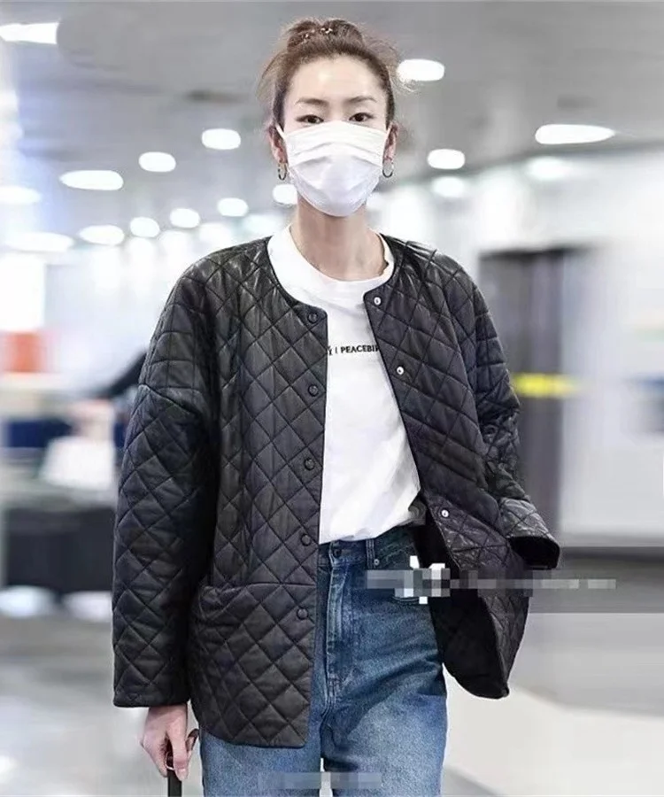 Liu Wen Same Sle 2024 новое пальто из натуральной кожи женское модное с круглым вырезом