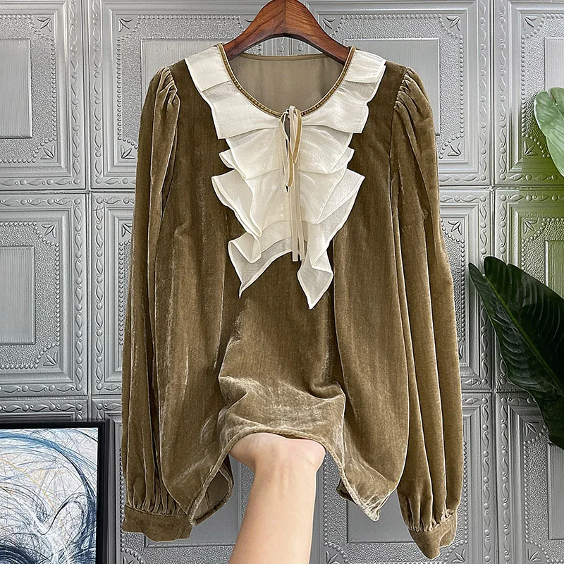 

Fashion Temperament Ruffle Collar Long-sleeved Silk Velvet Shirt Female Formal Occasions Elegant T-shirt Slim Women Clothing