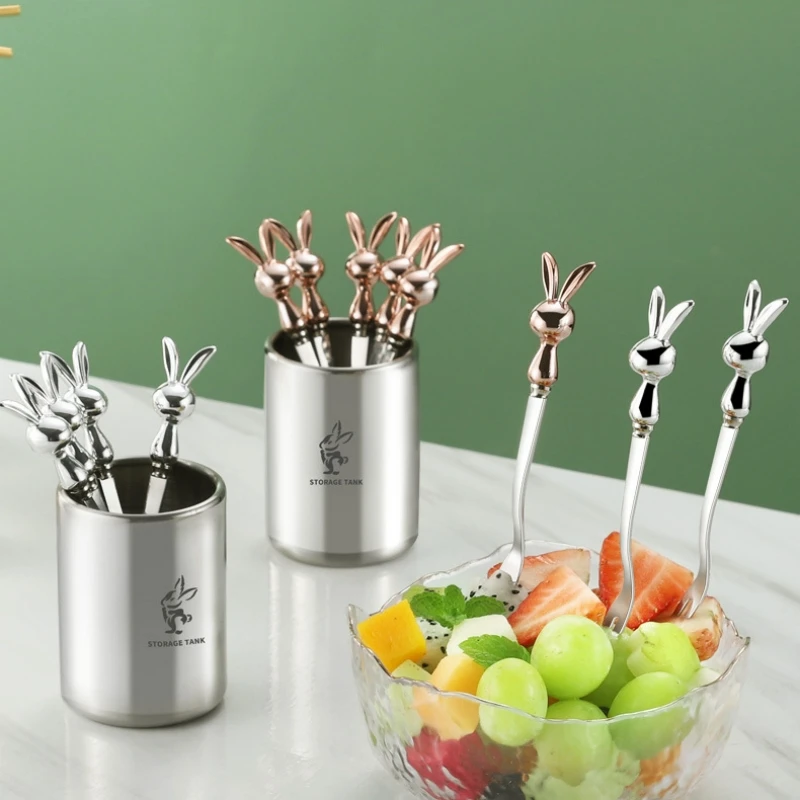 6/12 pcs Stainless steel fruit fork set Cute fruit sign children's safe small fork Household storage jar dessert fork