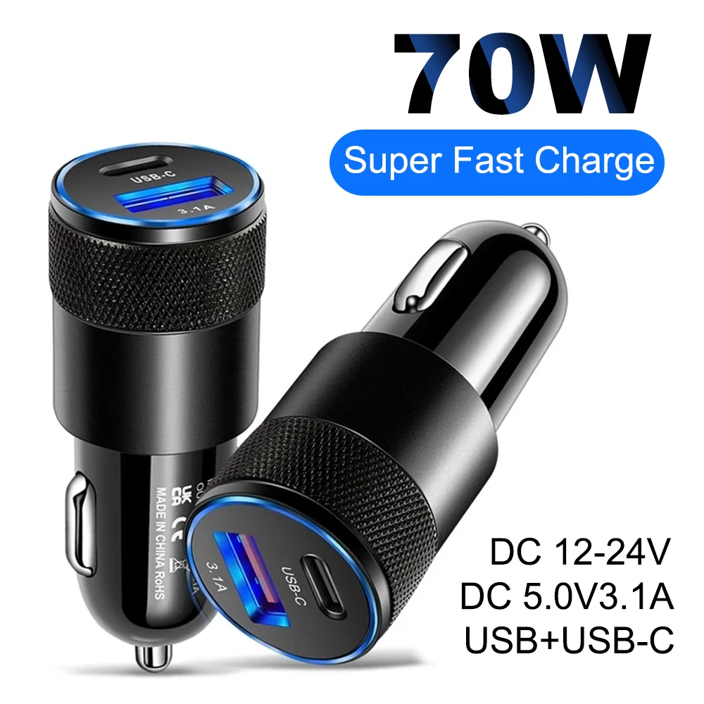 

70W PD Car Charger USB Type C Fast Charging in Car Phone Adapter for iPhone 13 12 Xiaomi Huawei Samsung S21 S22 Quick Charge 3.0