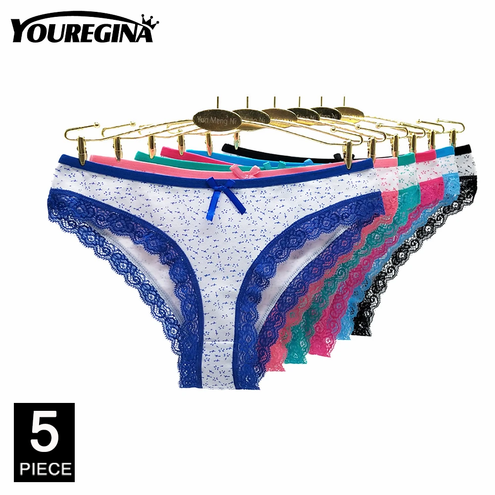 

Women Underwear Sexy Floral Lace Panties Ladies Knickers Briefs Low Waisted Cotton Intimates Lingerie M L XL 5 Pcs/set