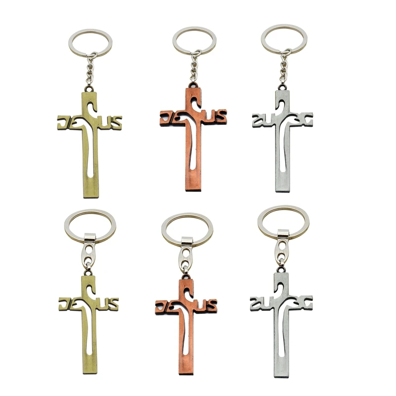 

68UE Christian Vintage Cross Keychain Metal Catholic Pendant Religious Hanging Ornament for Home Handbag Backpack Decor