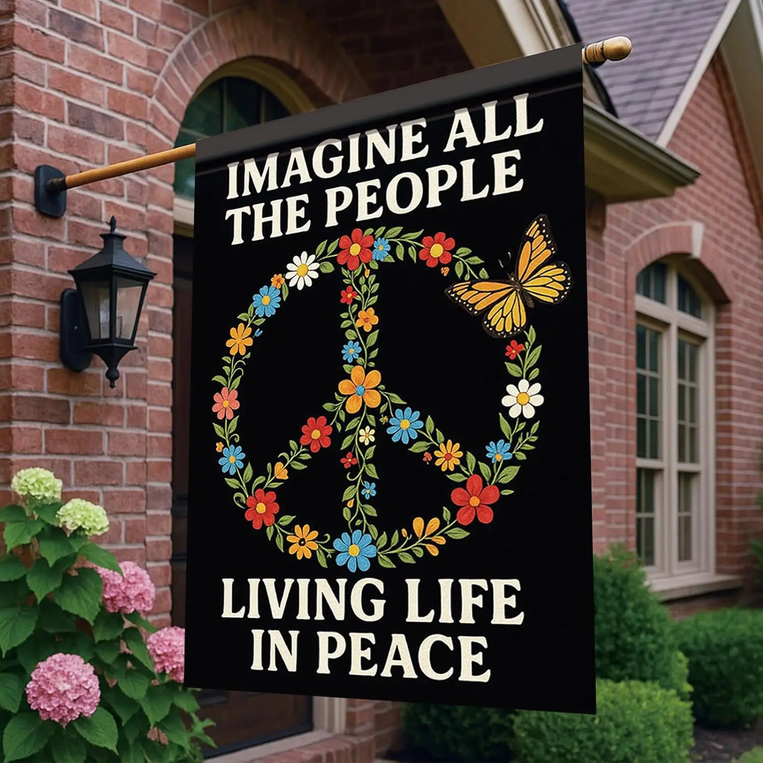 Фото Флаг Peace House 28x40 дюймов, с надписью «Imagine All The People», садовый флаг, двусторонний, с бабочками и цветочными венками, Yar EEZ №2