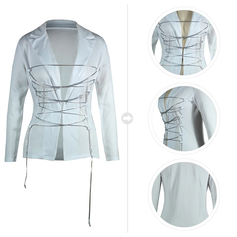 Bandage Hollow Blazer Women's Long Sleeve Pure Color Lace-up Stitching Sexy Blazer Women Fashion New Office Clothing Jacket