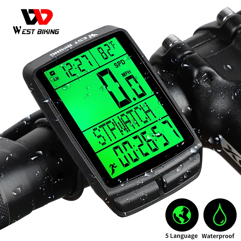 

WEST BIKING Waterproof 5 Language Bicycle Computer Wireless Cycling Odometer MTB Bike Stopwatch Watch LED Screen Speedometer