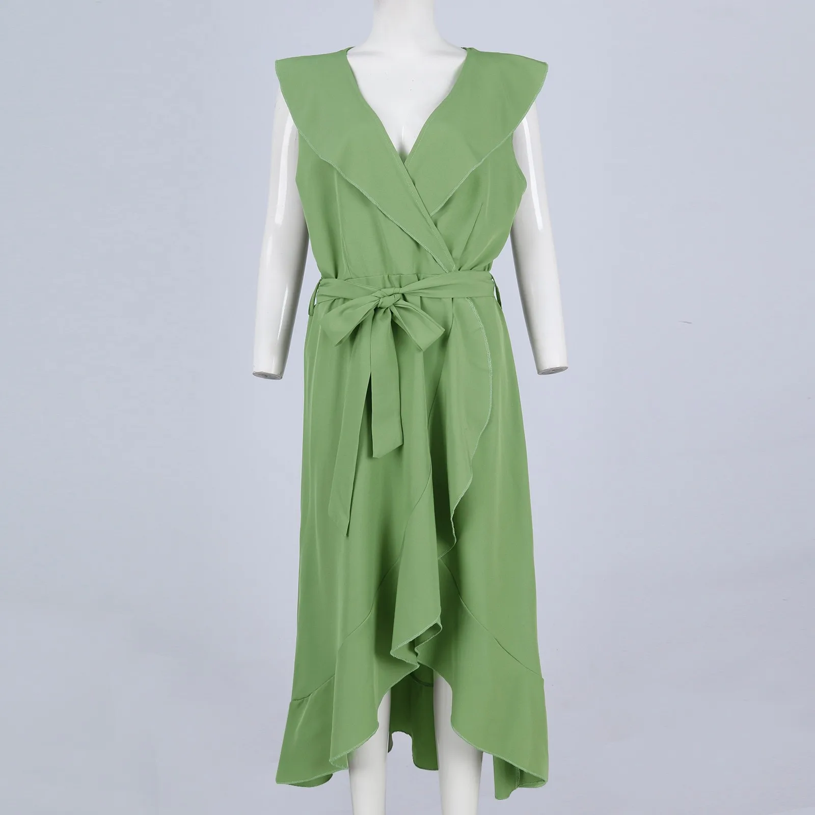 Элегантное платье с оборками строченное V-образным вырезом Женское Платье До