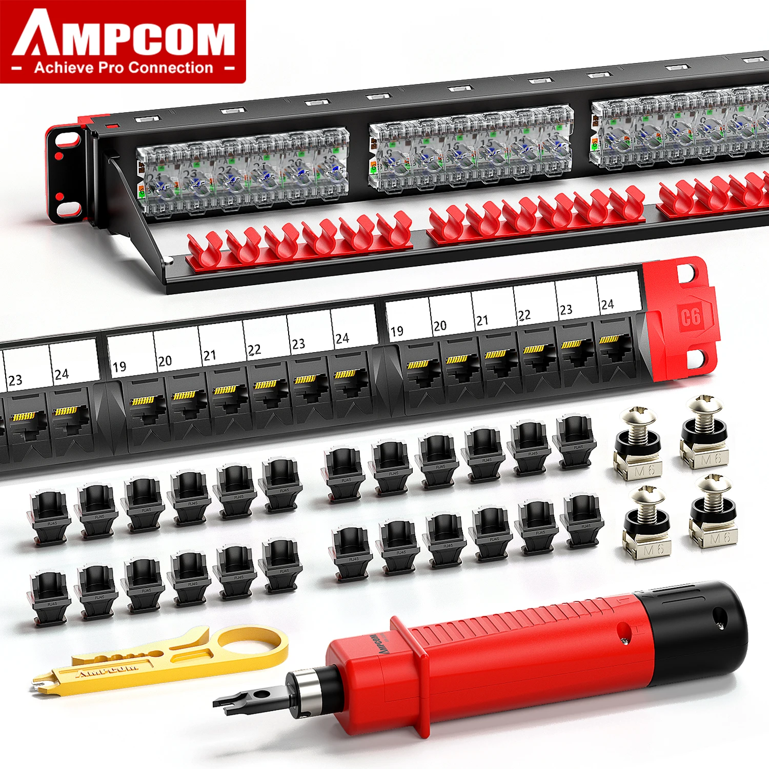 Фото Патч-панель AMPCOM CAT6, 24 порта, Промышленная серия 50U позолоченная, 1 Гбит/с, стойка EDF с отверстием, прошедший испытание Fluke №1