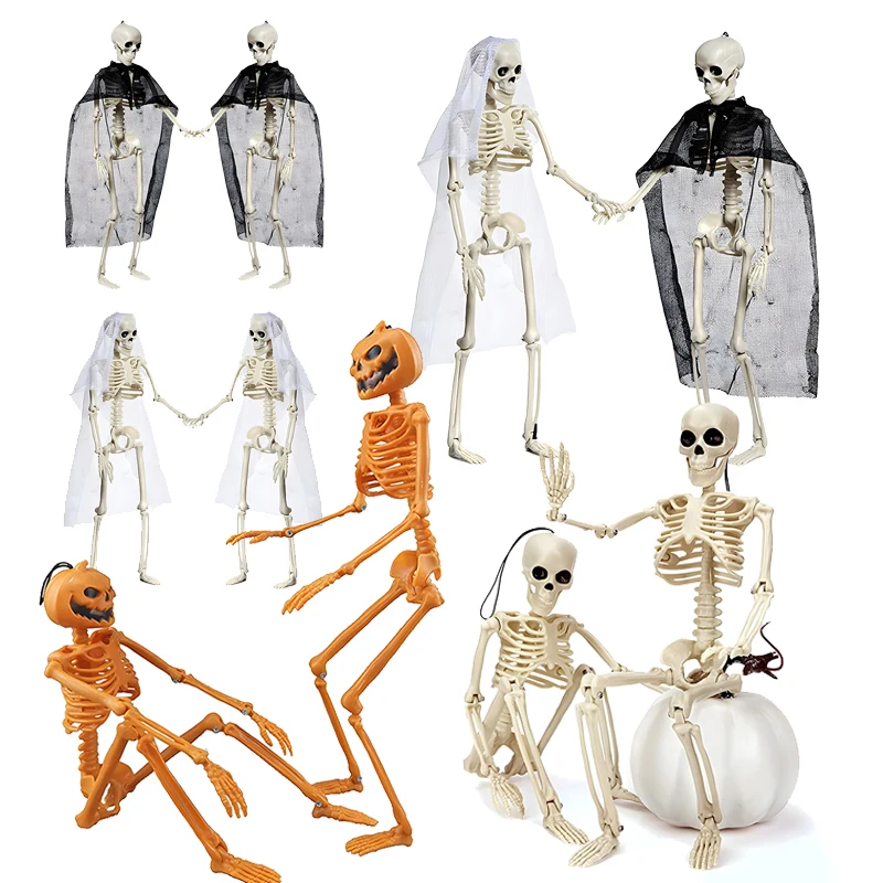 

2pcs Halloween Movable Skeleton Fake Human Skull Bones Halloween Party Home Bar Decor Haunted House Horror Props Ornament Toy