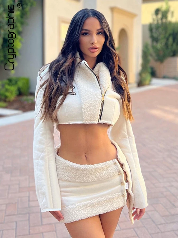 

Cryptographic Fashion Outfits Autumn Winter Co-Ord Sets Fleece Cropped Jacket and Skirt 2 Piece Set Women Zip Up Matching Sets