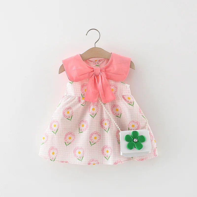 

Новое платье для маленьких девочек, летняя клетчатая юбка с цветочным принтом и сумкой с зелеными цветами, платья принцессы для младенцев, 2 ...