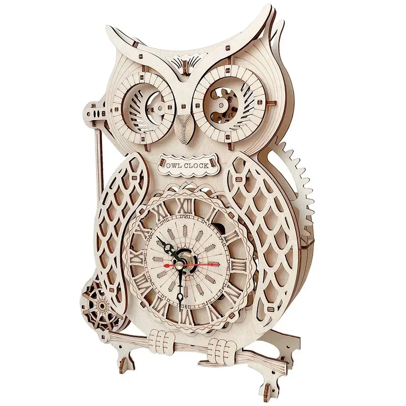 

Wooden Puzzle 3D Owl Clock Model Building Kits Creative DIY Wall Clock Mechanical Retro Pendulum Clock Assembly Toy for Adults
