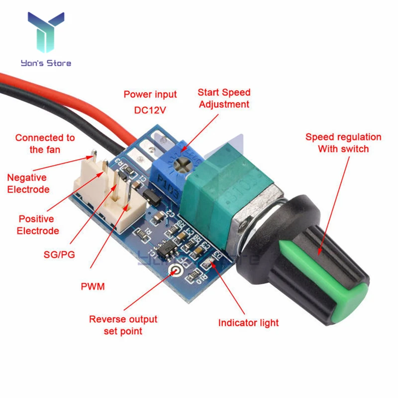 

DC 12V Adjustable 0%-100% PWM Fan Speed Controller with Knob Switch 4 Wire fan Speed Governor noise reduction can be shut down