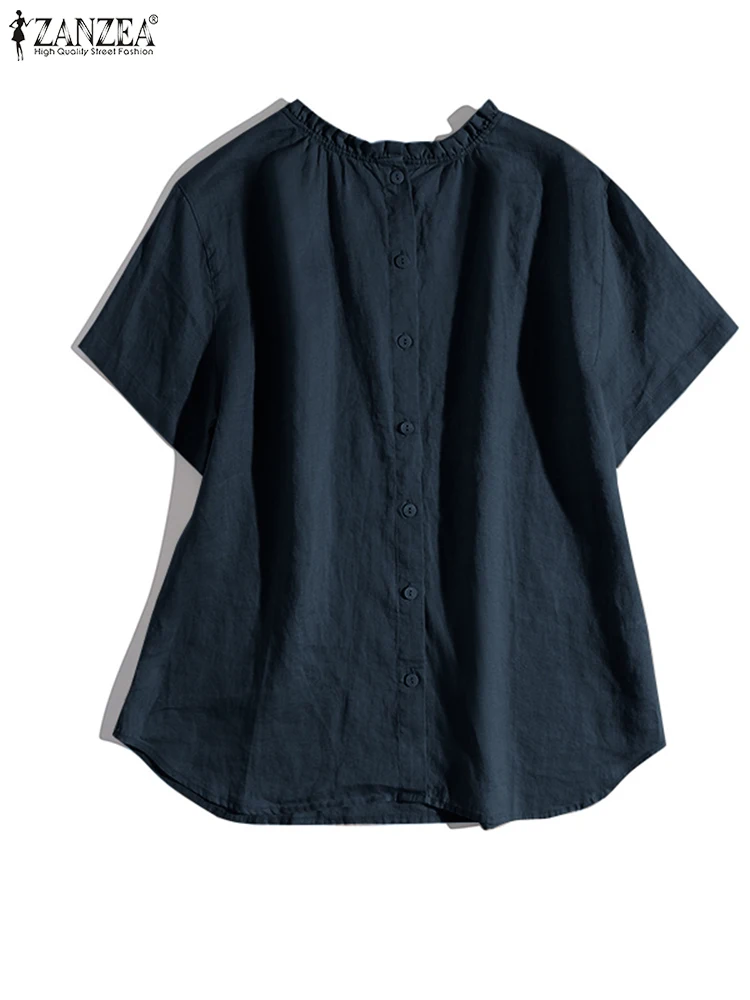 

Блузка ZANZEA Женская свободного покроя с воротником-стойкой, повседневная Однотонная рубашка с пуговицами сзади, с коротким рукавом, с завязками, на лето