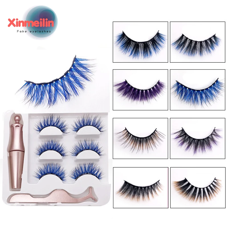 3 Pairs Gradient Colored Magnetic False Eyelashes And Eyeliner Set  Waterproof Long Lasting 3D Magnets Eye Lashes Free Shipping