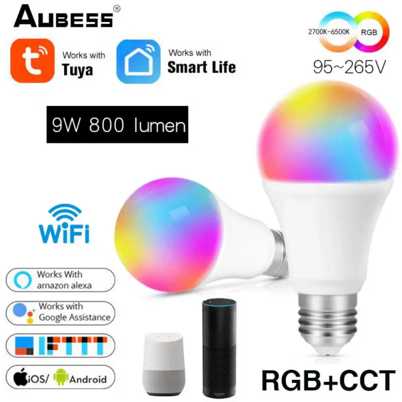 

Умная светодиодная лампочка E27 Tuya с Wi-Fi, умная лампочка, 265 в, светодиодная лампочка RGB + CCT светильник 9 Вт, лампочка Alexa Google Wifi для дома