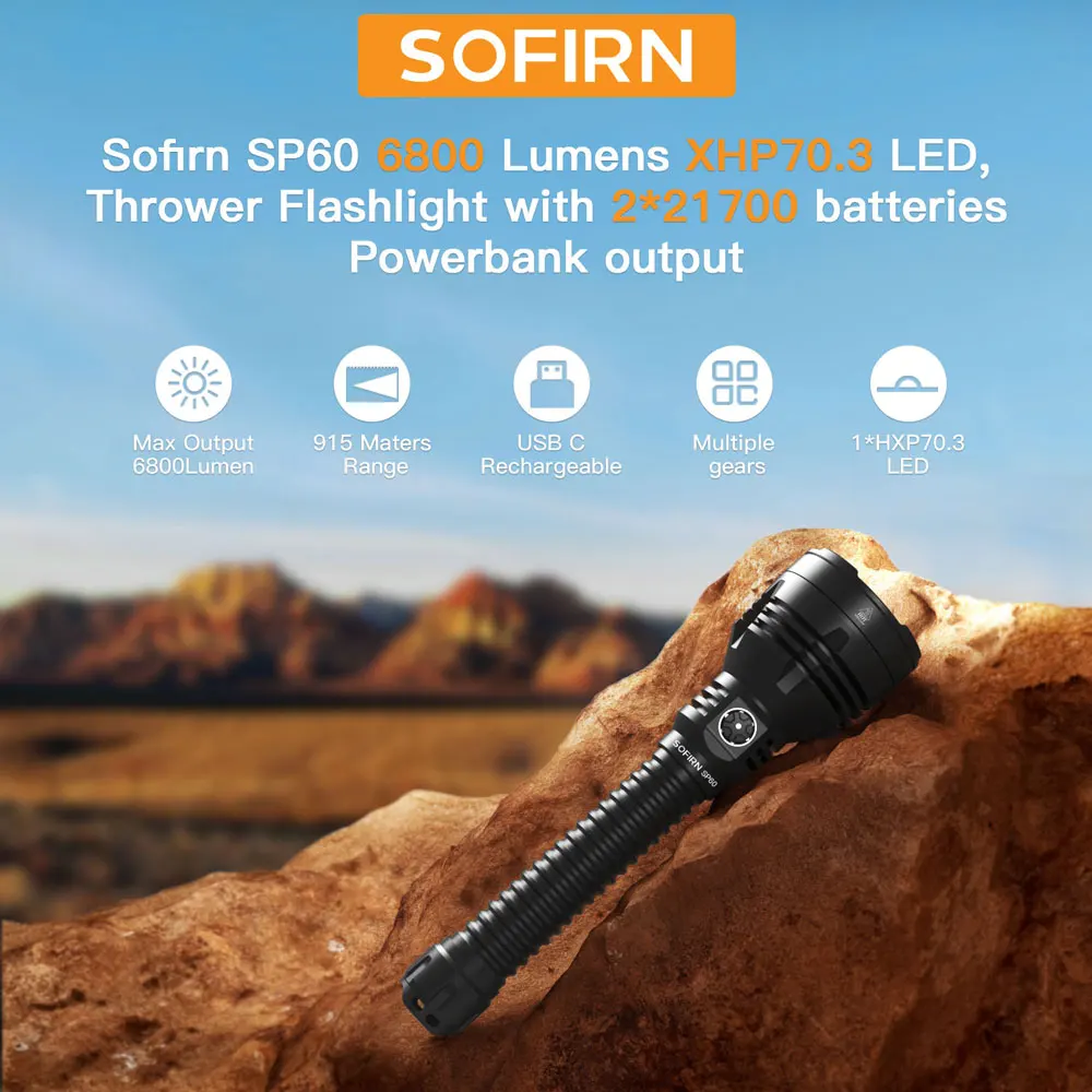 Фонарик Sofirn SP60 XHP70D 6800 лм мощный фонарик 21700 перезаряжаемый светодиодный фонарь